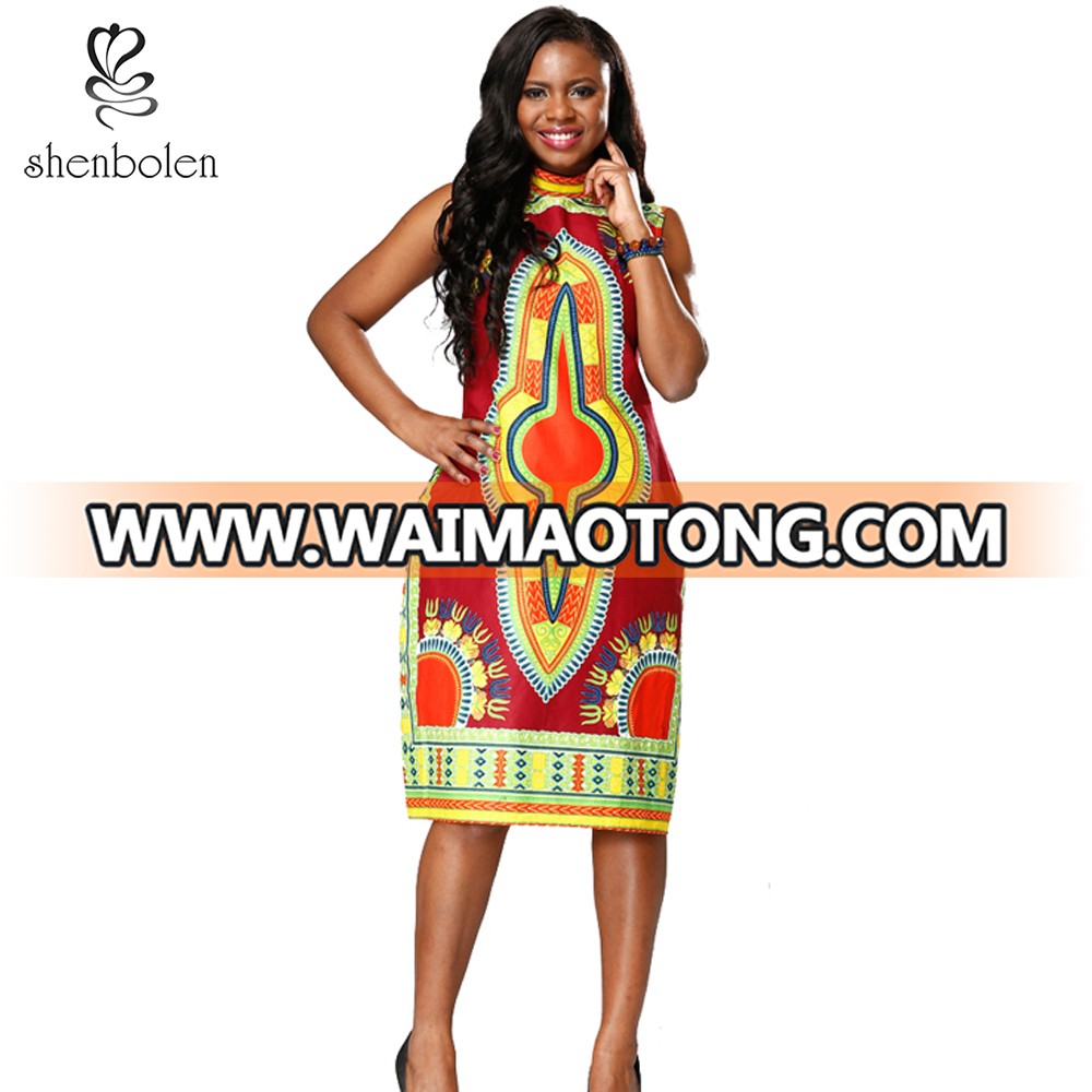 ZH015 Fashion African Dashiki Print Bodycon Sleeveless Stand Collar Women Dress Wholesale